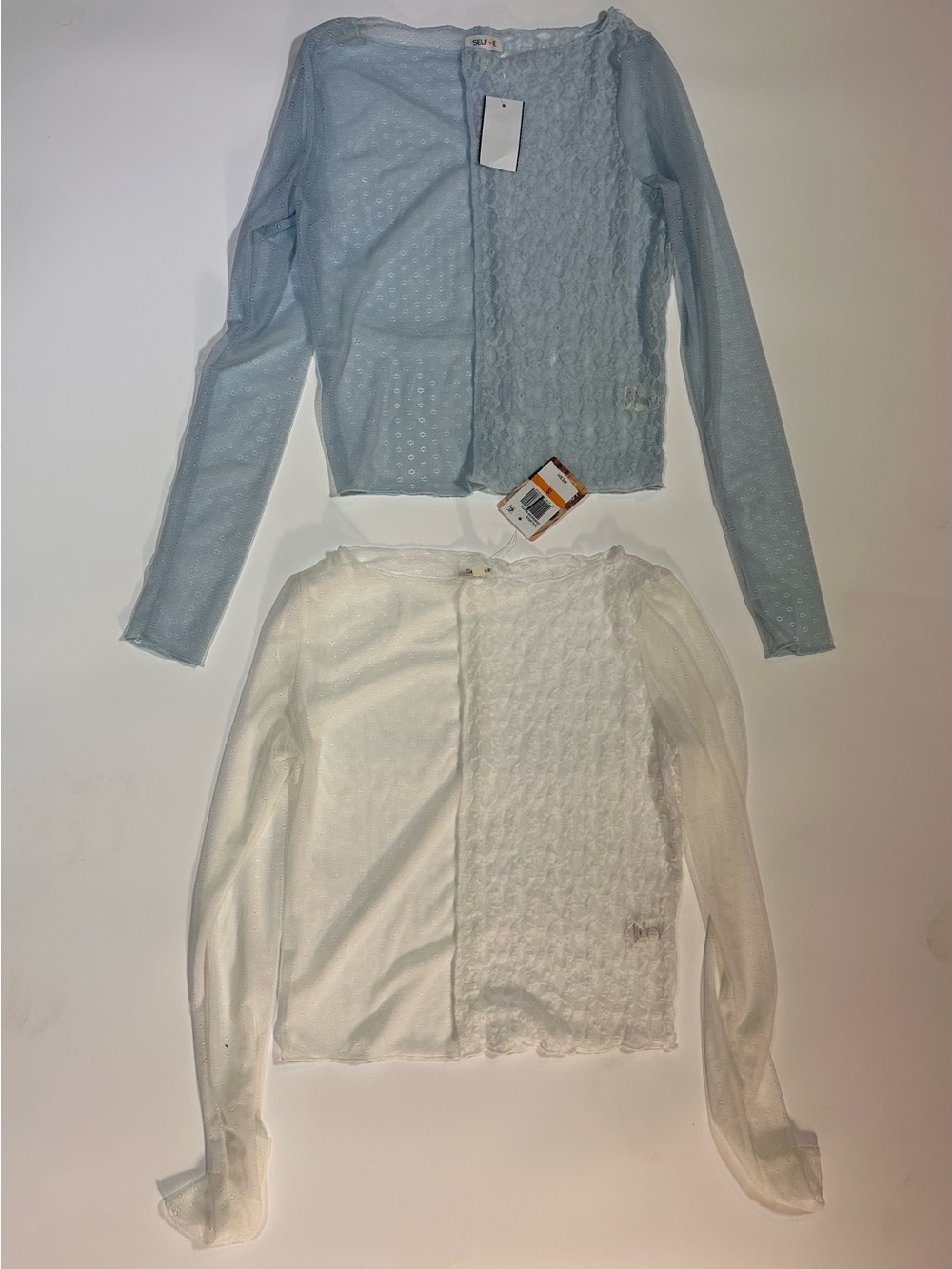 Selfie Sheer Lace Mesh Long Sleeve Tops Size Small Blue White 2 Piece Lot